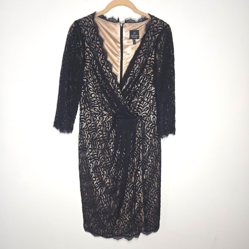Adrianna Papell Lace Sheath Dress Womens 8 Navy Gold V-Neck 3/4 Sleeve Wrap